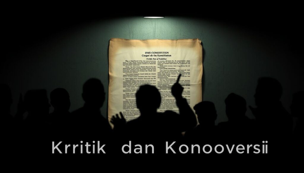 A dimly lit room, shadows casting an air of unease. In the center, a weathered document, the text of the 1945 Constitution visible yet obscured. Surrounding it, ghostly silhouettes engaged in heated debate, their gestures and expressions conveying the weight of the discourse. The atmosphere is one of intensity and controversy, as if the very foundations of the nation are being scrutinized under the soft glow of a single lamp. The image captures the essence of the "Kritik dan Kontroversi" section, a visually striking representation of the complex and contentious history of Indonesia's constitutional origins.