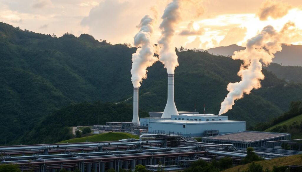 A geothermal power plant nestled amidst the lush, verdant hills of Sumatra. Towering steam vents release billowing plumes, their wisps catching the golden glow of the afternoon sun. In the foreground, a network of pipes and turbines hum with the steady, renewable energy they produce. The sleek, modern facility blends seamlessly with the surrounding natural landscape, a testament to sustainable innovation. Captured from a low angle, the power plant's imposing yet elegant silhouette dominates the frame, underscoring its vital role in Sumatra's clean energy initiatives. Subtle hues of green, gray, and amber create a serene, almost meditative atmosphere, inviting the viewer to appreciate the harmony between technology and the environment.