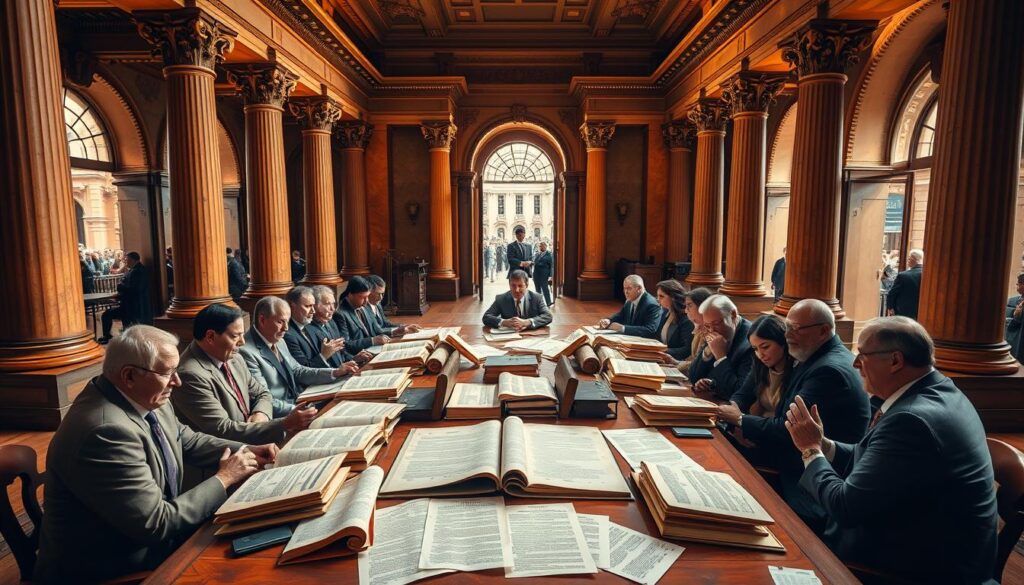 A grand, stately hall with towering columns and ornate moldings, bathed in warm, golden light. At the center, open books and scrolls spill across an elegant wooden table, representing the constitutions of different nations. Seated around the table, a diverse group of scholars and leaders, engaged in deep discussion, their expressions thoughtful and intent. In the background, arched windows offer glimpses of bustling city streets, a visual metaphor for the interconnectedness of global governance. The scene exudes an atmosphere of intellectual rigor, cultural exchange, and the pursuit of democratic ideals.