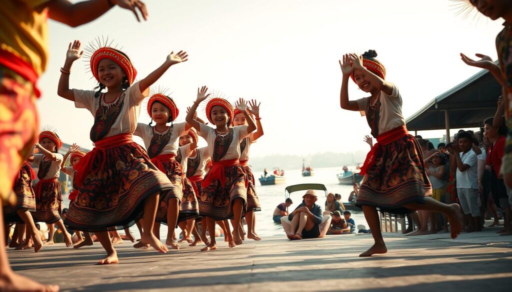 A lively scene of young dancers performing the traditional pacu jalur river race, their vibrant traditional costumes and energetic movements captured in a dynamic, low-angle shot. The foreground showcases the dancers' nimble footwork and expressive hand gestures, while the middle ground reveals a tranquil river backdrop, with boats and spectators lining the banks. The scene is bathed in warm, golden lighting, creating a sense of energy and celebration. The overall atmosphere conveys the cultural significance and joyous spirit of this iconic Indonesian tradition.