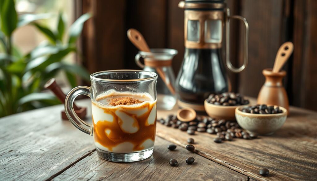A meticulously crafted still life showcasing the evolution of traditional Indonesian coffee. In the foreground, a glass vessel filled with rich, aromatic coffee, swirled with creamy, frothy milk and crowned with a sprinkling of caramelized palm sugar. In the middle ground, a weathered wooden table supports an array of coffee-related accoutrements - a vintage siphon brewer, hand-carved wooden spoons, and a small ceramic bowl brimming with dark, roasted coffee beans. The background is a softly-lit scene, with hints of lush greenery and a warm, sepia-toned palette, evoking the timeless essence of Indonesian coffee culture. The overall composition conveys a sense of tradition, craftsmanship, and the natural harmony of the ingredients that come together to create the iconic "kopi susu gula aren".