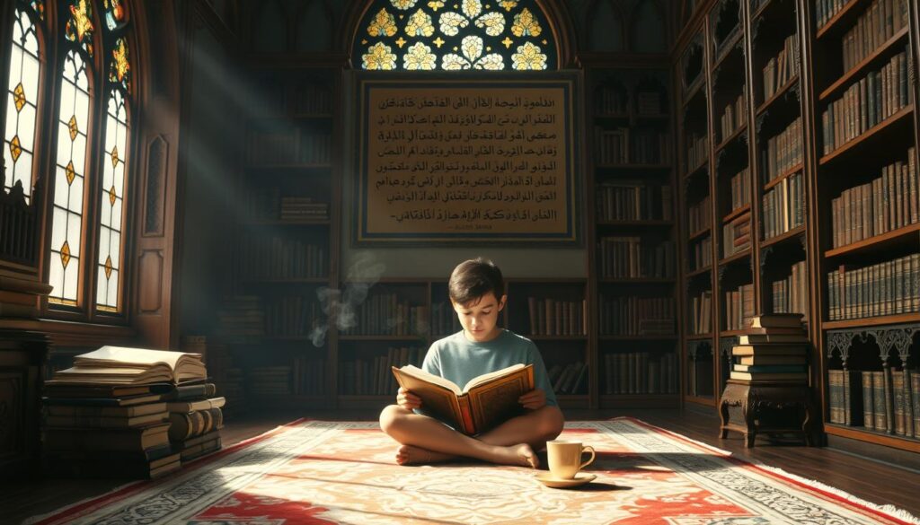A serene Arabic-style study room, with ornate carved wooden bookshelves lining the walls, filled with ancient tomes. A young scholar sits cross-legged on a plush rug, deeply immersed in a large leather-bound book, a cup of steaming tea at their side. Soft, warm lighting filters in through stained glass windows, casting a contemplative glow over the scene. In the background, a beautifully calligraphed verse from the Quran or a Hadith is displayed on the wall, inspiring the student's pursuit of sacred knowledge. The atmosphere is one of quiet contemplation and reverence for the teachings of the Prophet.