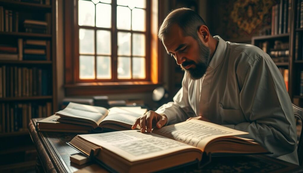 A serene study area with a scholar intently poring over ancient manuscripts, surrounded by a well-stocked bookshelf and a softly lit table. Warm, natural lighting filters through a large window, casting a contemplative glow on the scene. The scholar's expression is one of deep focus, their hand gently tracing the delicate lines of script on the aged parchment. In the background, a tapestry or decorative rug adds a touch of cultural richness to the scholarly setting. The overall atmosphere evokes a sense of reverence and dedication to the study of hadith riwayah, or the transmission of prophetic traditions.