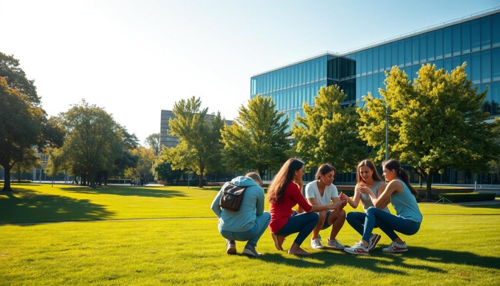A serene, sun-dappled scene of a university campus. In the foreground, a group of students engaged in a dynamic self-development workshop, their faces alight with enthusiasm as they collaborate on a hands-on project. In the middle ground, a manicured lawn leads to a striking modern library building, its sleek glass façade reflecting the sky. The background features lush, verdant trees and a clear blue horizon, evoking a sense of growth, potential, and tranquility. The lighting is soft and warm, creating a welcoming atmosphere. Subtle, minimalist icons symbolizing personal growth, leadership, and academic excellence are tastefully integrated throughout the scene.