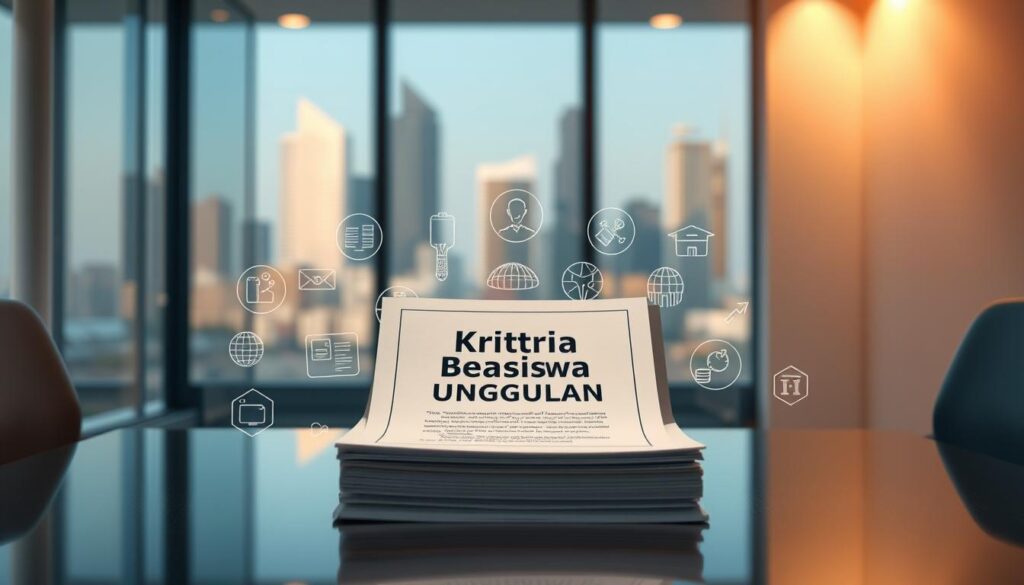 A serene, well-lit office setting with a sleek, modern desk showcasing a stack of documents labeled "Kriteria Beasiswa Unggulan". The documents are surrounded by stylized icons and graphics representing the key details and requirements of the prestigious scholarship program. The background features a blurred cityscape, conveying a sense of professionalism and opportunity. Subtle lighting casts a warm glow, creating a welcoming and inspiring atmosphere. The composition emphasizes the importance and comprehensive nature of the scholarship information, inviting the viewer to explore the details.
