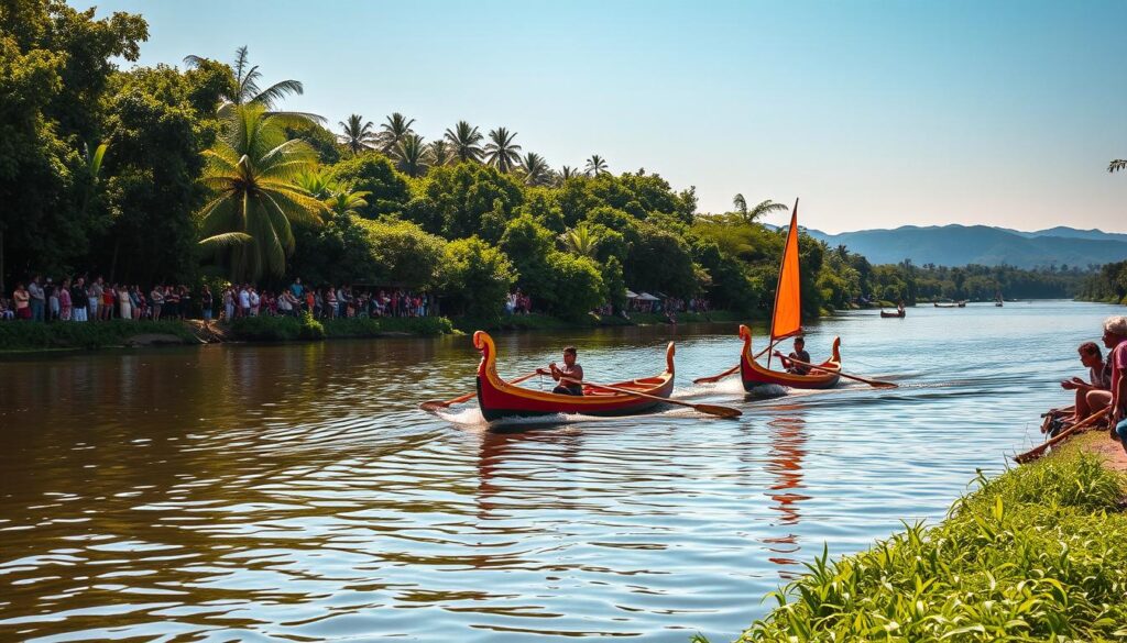 A traditional pacu jalur race taking place on a tranquil river, surrounded by lush, verdant riverbanks. In the foreground, two colorful, slender wooden boats with ornate carved prows and decorative sails glide gracefully across the glistening water. Spectators line the banks, watching intently as the rowers propel the boats forward with their long, rhythmic paddles. The middle ground features dense, tropical foliage reflecting in the calm river surface, while the background showcases distant, rolling hills and a clear, azure sky. Warm, golden sunlight filters through the scene, casting a serene, contemplative atmosphere. The overall composition evokes a sense of cultural heritage, harmony with nature, and the spiritual essence of this traditional waterborne sport.