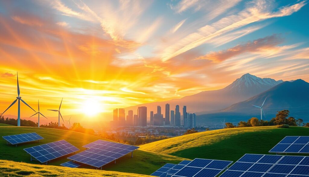 A vibrant landscape depicting the transition to renewable energy. In the foreground, sleek solar panels and wind turbines dot a rolling green hillside, harnessing the power of the sun and wind. The middle ground showcases a modern city skyline, its skyscrapers adorned with gleaming solar arrays. In the background, a majestic mountain range is silhouetted against a vibrant, sunset-painted sky. Rays of golden light filter through wispy clouds, illuminating the scene with a sense of hope and progress. The overall atmosphere conveys a harmonious balance between technology, nature, and a sustainable future.