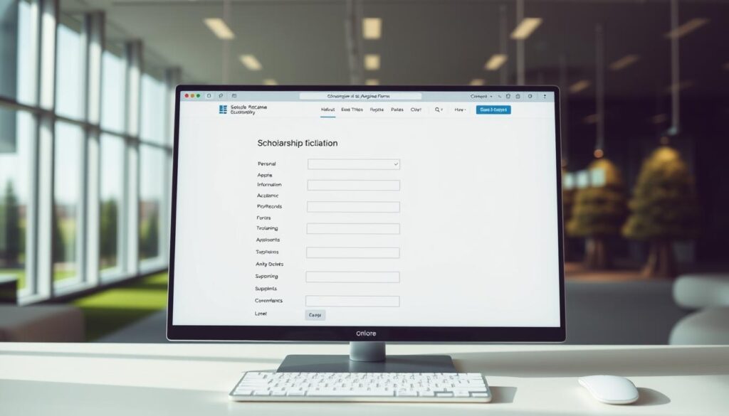 A well-lit, modern desktop computer screen displaying an online scholarship application form. The foreground shows the application form fields neatly arranged, with placeholders for personal information, academic records, and supporting documents. The middle ground features a sleek, minimalist user interface with clean typography and intuitive navigation elements. The background subtly depicts a blurred campus landscape, conveying an educational atmosphere. The overall scene exudes a sense of professionalism, accessibility, and the seamless integration of technology in the scholarship application process.