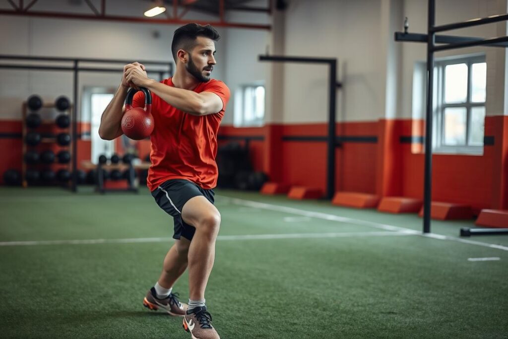 Atlet sepak bola melakukan kettlebell swing dengan teknik benar Atlet sepak bola melakukan kettlebell swing dengan teknik benar