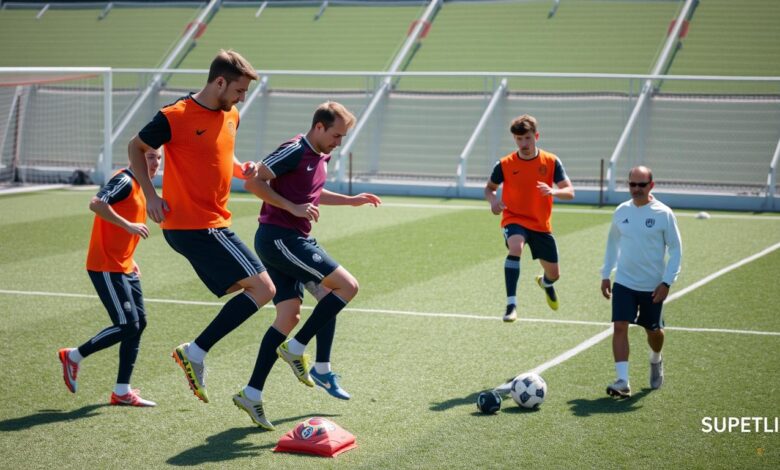 Atlet sepak bola melakukan latihan plyometric dengan pelatih