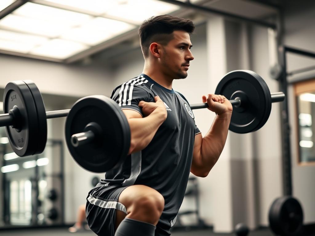 Atlet sepak bola melakukan latihan squat dengan beban Atlet sepak bola melakukan latihan squat dengan beban