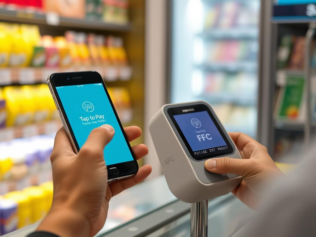 Demonstrasi proses tap-to-pay menggunakan QRIS Tap di merchant Demonstrasi proses tap-to-pay menggunakan QRIS Tap di merchant