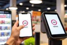 Ilustrasi teknologi QRIS Tap dengan smartphone menempel pada mesin pembaca NFC