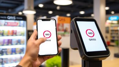 Ilustrasi teknologi QRIS Tap dengan smartphone menempel pada mesin pembaca NFC