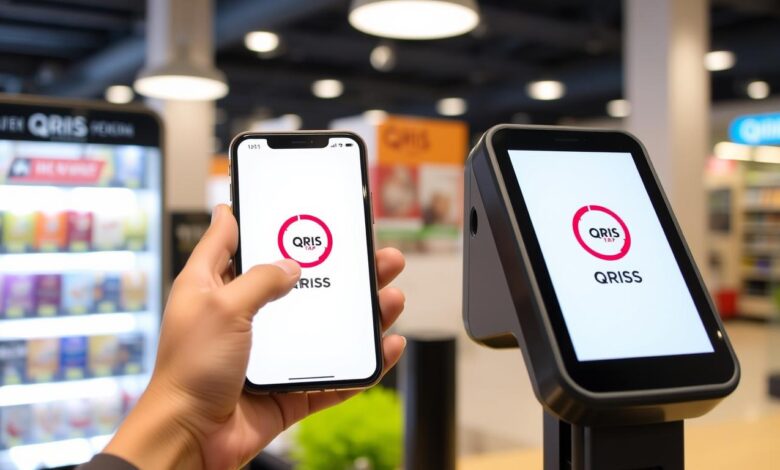 Ilustrasi teknologi QRIS Tap dengan smartphone menempel pada mesin pembaca NFC