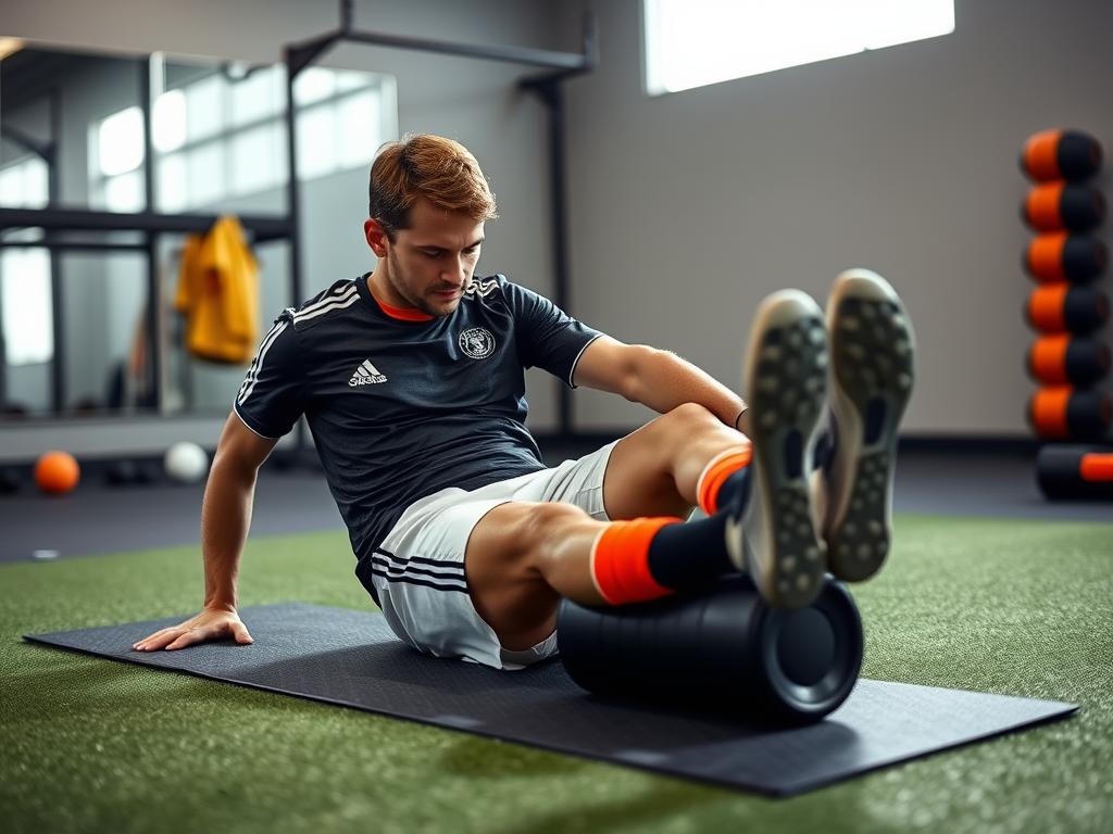 Pemain sepak bola melakukan foam rolling untuk recovery Pemain sepak bola melakukan foam rolling untuk recovery