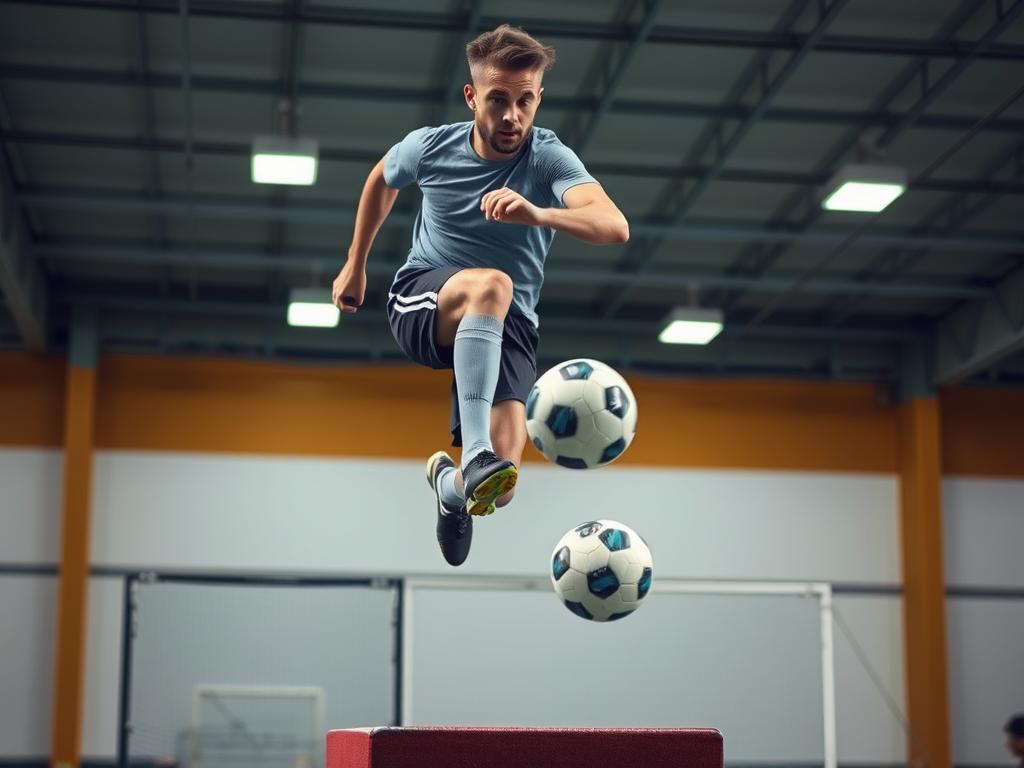 Pemain sepak bola melakukan latihan box jump Pemain sepak bola melakukan latihan box jump