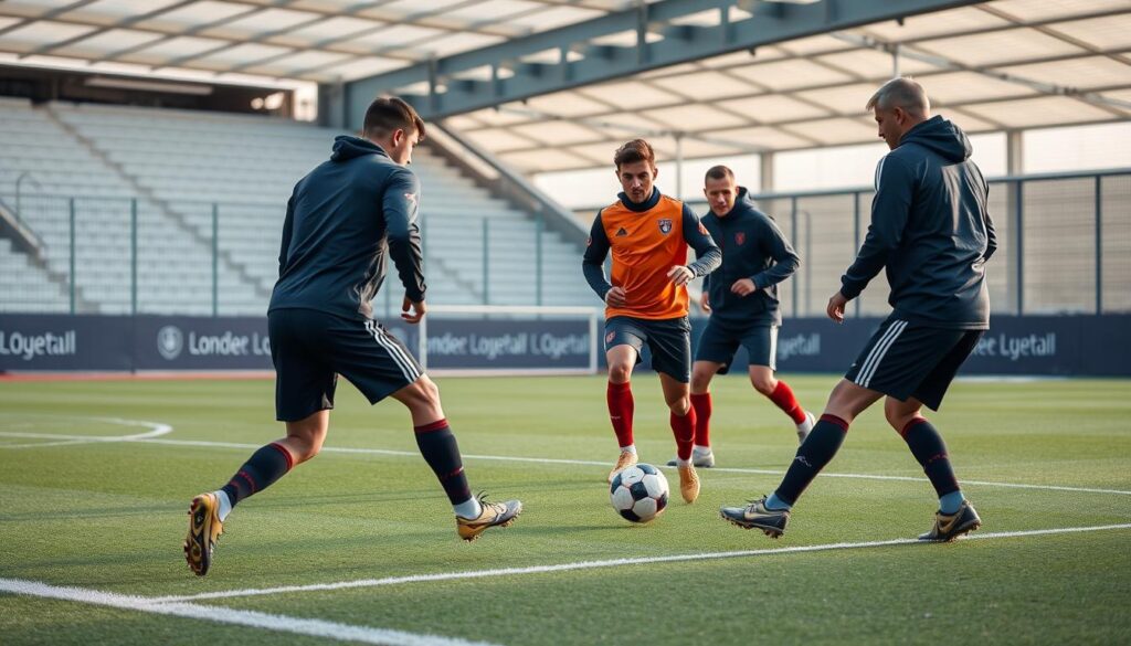 Pemain sepak bola melakukan latihan terintegrasi power dan teknik Pemain sepak bola melakukan latihan terintegrasi power dan teknik