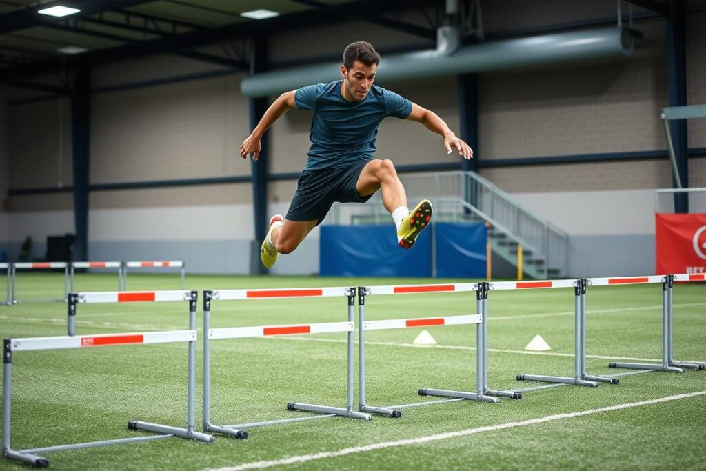 Pemain sepak bola melakukan single-leg hurdle jumps Pemain sepak bola melakukan single-leg hurdle jumps