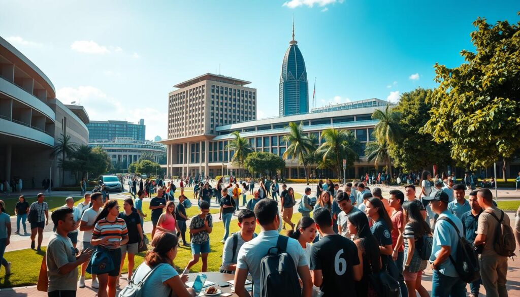 A bustling university campus on a sunny day, with a diverse group of students engaged in lively discussions and collaborative activities. In the foreground, a group of students are gathered around a table, debating ideas and sharing their perspectives. In the middle ground, other students can be seen walking between buildings, attending classes, or participating in extracurricular events. The background features the iconic architecture of the campus, with modern structures juxtaposed against historic ones, representing the challenges and opportunities of the "Kampus Merdeka" (Independent Campus) initiative. The scene is illuminated by warm, natural lighting, conveying a sense of energy, creativity, and intellectual stimulation.