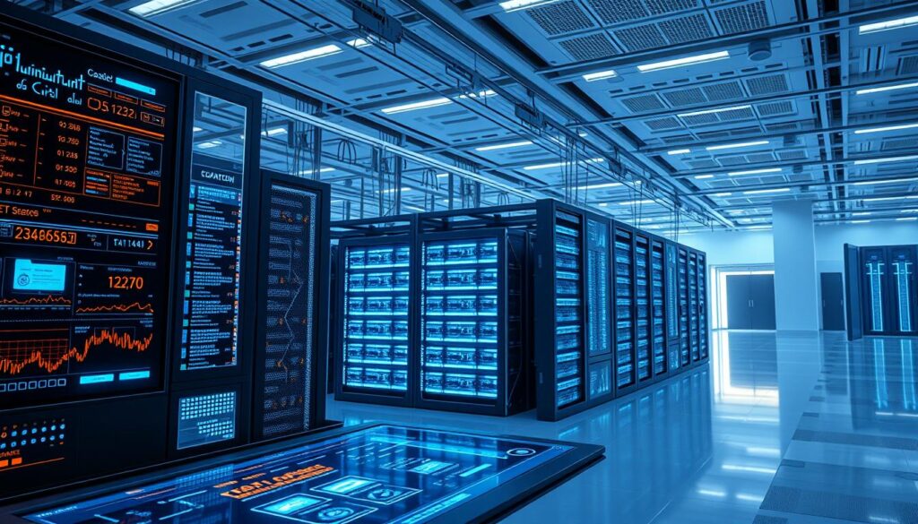 A futuristic database system with sleek holographic displays, interconnected servers, and glowing data streams. The foreground features a central command console with touch interfaces and dynamic visualizations. In the middle ground, a cluster of server racks emit a soft blue glow, networked by cables and fiber optics. The background showcases a vast, minimalist data center with high ceilings, ambient lighting, and a sense of technological order. The overall scene conveys a balance of power, precision, and the awe-inspiring scale of modern database infrastructure.