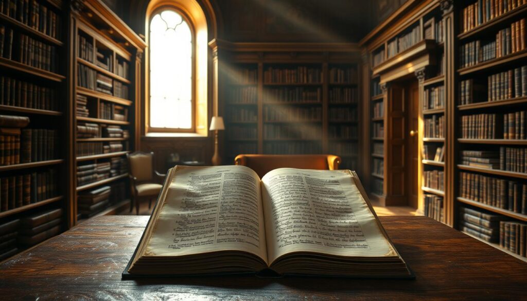 A serene, old library interior with intricate wooden shelves and leather-bound tomes. In the center, a heavy oak table holds an open, weathered manuscript, its pages illuminated by a shaft of warm, golden light from a nearby window. The manuscript's text appears to be handwritten, with ornate calligraphy and illustrations, hinting at the rich history of the text's creation. The atmosphere is one of reverence and scholarly contemplation, inviting the viewer to ponder the origins and significance of this "History of the Book of God."