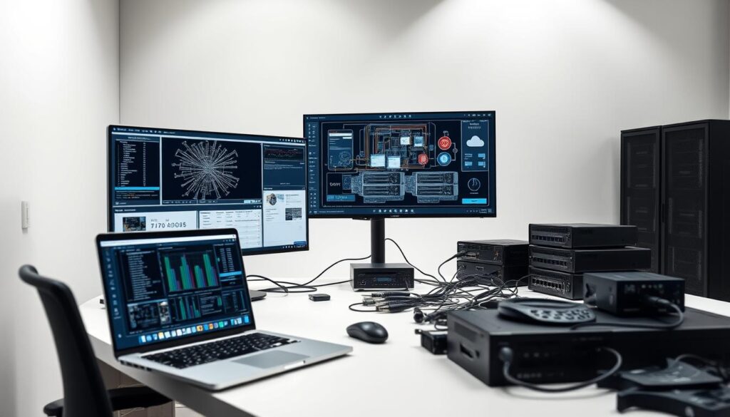 A sleek, modern network administrator's workstation set against a clean, minimalist backdrop. In the foreground, a professional-grade laptop displays intricate network diagrams and monitoring dashboards. Nearby, a high-resolution monitor showcases a detailed schematic of network infrastructure, including routers, switches, and server racks. The middle ground features various network devices, cables, and tools neatly organized on a pristine desk, reflecting the administrator's technical expertise and attention to detail. The background is bathed in soft, directional lighting that accentuates the technological atmosphere, conveying a sense of order, efficiency, and the importance of the network administrator's role.