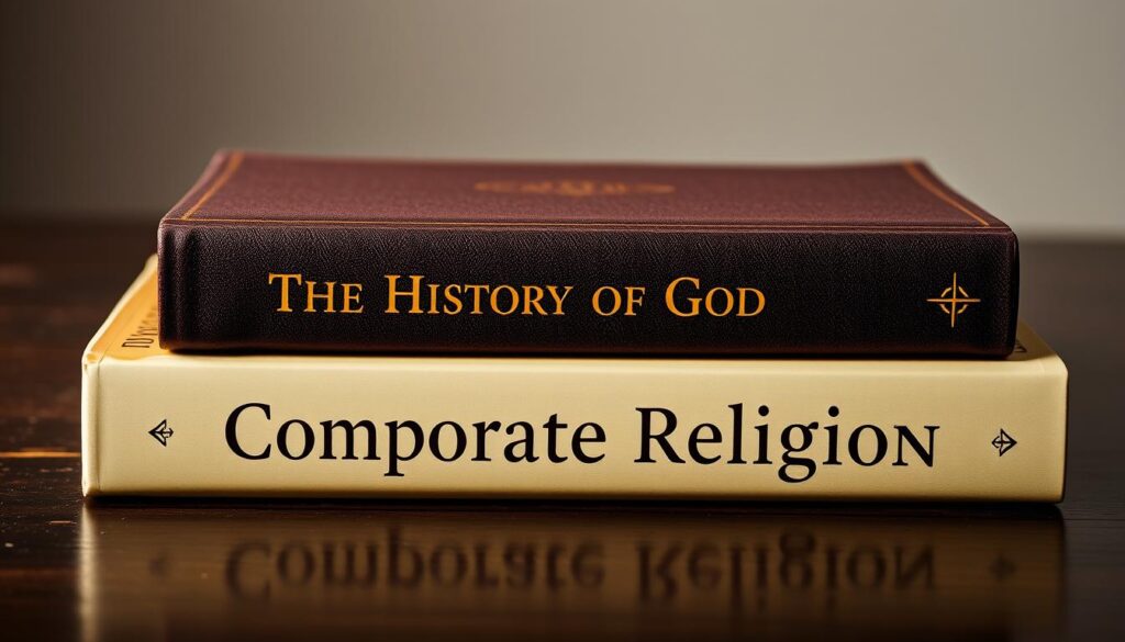 A stack of hardcover books on a dark wooden table, their spines displaying the titles "The History of God" and "Comparative Religion". Soft, directional lighting illuminates the books, casting gentle shadows and highlighting the textures of the covers. The background is blurred, creating a sense of focus on the books. The composition is balanced, with the books positioned centrally and symmetrically. The overall mood is one of contemplation and scholarly inquiry, inviting the viewer to explore the contents of these important religious history works.