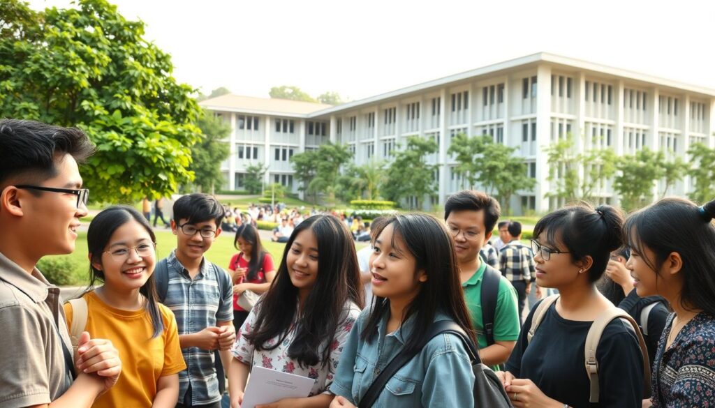 A vibrant campus scene showcasing the diverse experiences of Kampus Merdeka students. In the foreground, a group of enthusiastic students engaged in a lively discussion, their expressions animated as they share their perspectives. The middle ground reveals students immersed in hands-on activities, collaborating and problem-solving with a sense of purpose. In the background, the campus architecture provides a striking backdrop, its modern design and verdant surroundings conveying a forward-thinking, innovative atmosphere. Warm, natural lighting casts a soft glow, evoking a sense of optimism and intellectual vitality. The overall composition captures the energy, collaboration, and transformative potential of the Kampus Merdeka program.