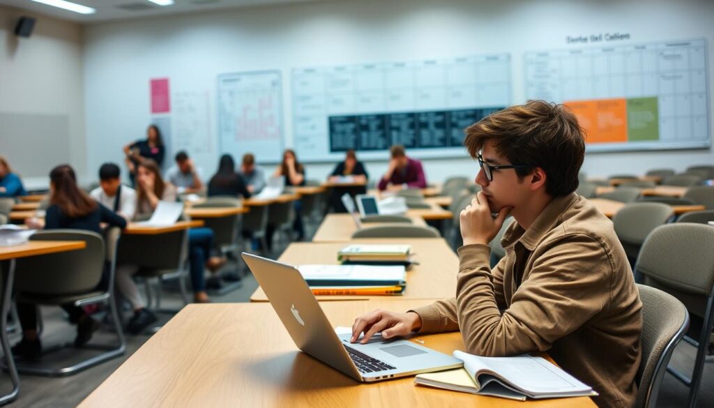 A well-lit university classroom with rows of desks and chairs. In the foreground, a student sitting at a desk, deep in thought, surrounded by their laptop, notebook, and textbooks. In the middle ground, other students engaged in discussions and group work. The background features a large whiteboard or chalkboard, with schedules, timetables, and course information visible. The overall scene conveys a sense of focus, organization, and efficient time management.