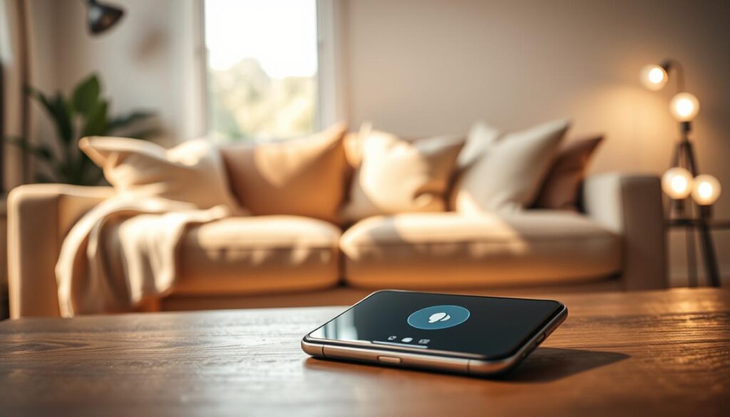 A close-up scene of a modern living room with smart home technology. In the foreground, a sleek iPhone is resting on a stylish coffee table, displaying the Siri interface as if a voice command is active. In the middle, a warm and inviting sofa is adorned with plush cushions, while a soft light stream flows in from a large window, casting gentle shadows. In the background, smart light bulbs can be seen, subtly glowing to indicate they are connected and responding to voice commands. The atmosphere feels cozy and intelligent, signifying a seamless integration of technology in everyday life. The image is illuminated with soft, ambient lighting to enhance the modern aesthetic.