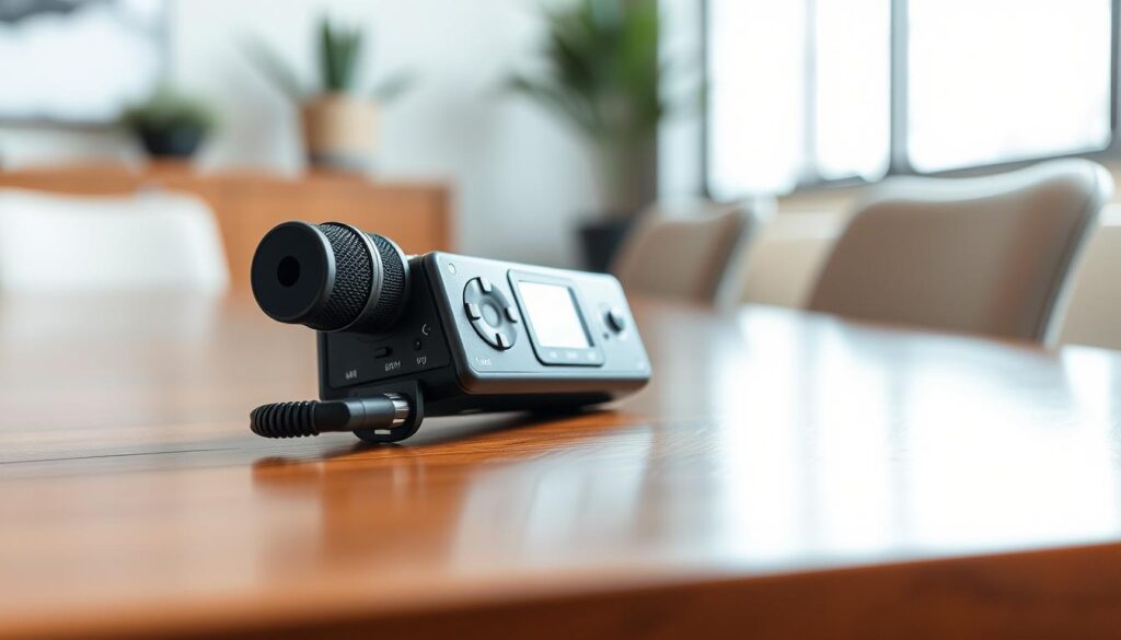 A high-quality voice recorder resting on a polished wooden table, its sleek design and intuitive controls capturing the attention. Soft, diffused lighting illuminates the device, accentuating its clean lines and premium materials. In the background, a blurred office setting with minimalist decor sets the professional tone, hinting at its suitability for important meetings and interviews. The recorder's microphone stands ready, poised to capture clear, crisp audio, while its compact size and discreet presence suggest a tool that seamlessly integrates into the work environment. This image evokes a sense of reliability, efficiency, and the importance of capturing high-fidelity audio for critical discussions.