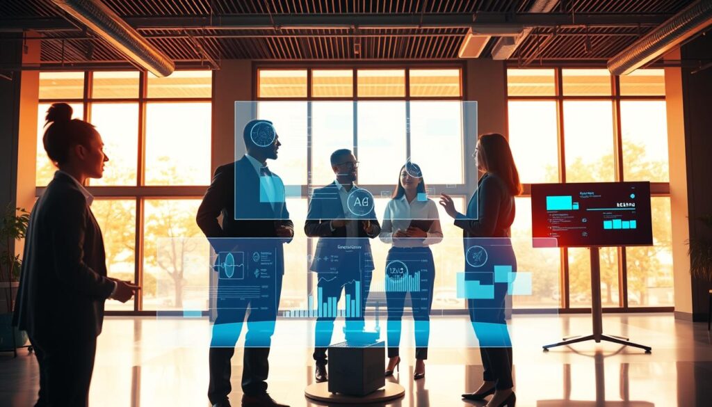 A modern office environment showcasing innovative technology implementation. In the foreground, a diverse group of three professionals in business attire, engaged in a discussion around a futuristic holographic display projecting data and graphs. The middle ground features sleek, high-tech office devices, such as AI assistants and smart screens, integrated seamlessly into the workspace. The background reveals large windows that let in warm, natural light, illuminating the room with a bright yet soft glow, creating an inspiring atmosphere. The scene should evoke a sense of collaboration and forward-thinking innovation, emphasized by a clean, minimalistic aesthetic. The angle is slightly elevated, capturing the entire setup, focusing on the interaction between the people and technology.