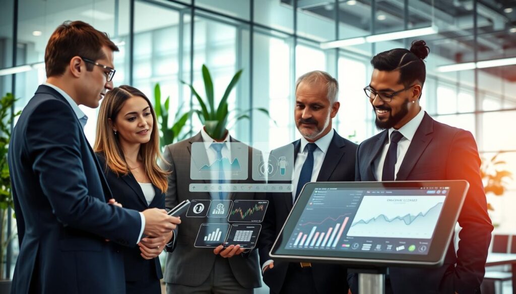 A professional business setting showcasing the selection of innovative technologies for companies. In the foreground, a diverse group of three business professionals, including a woman and two men dressed in smart business attire, are gathered around a modern touchscreen display, analyzing various technology options. In the middle, sleek devices and charts display analytics, surrounded by a modern office environment featuring glass walls and interior greenery, conveying a fresh, forward-thinking atmosphere. In the background, large windows let in natural light, illuminating the scene and giving a sense of openness and collaboration. The overall mood is focused and optimistic, symbolizing progress and adaptability in the tech landscape.