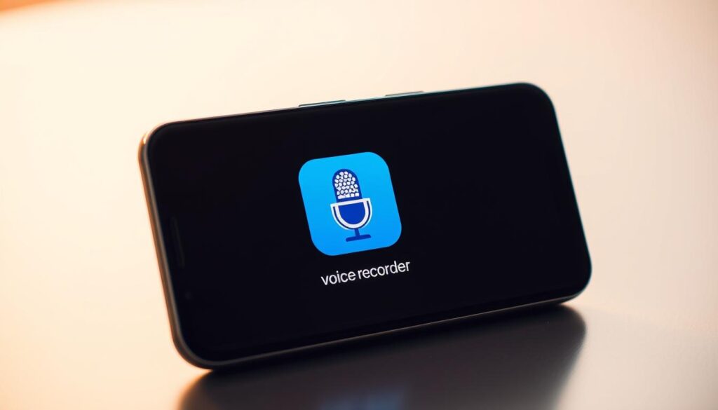 A sleek and modern smartphone screen displaying a high-quality voice recorder app interface with a clean and intuitive design. The app's logo is prominently featured, conveying a sense of professionalism and reliability. The screen is illuminated by soft, diffused lighting, creating a warm and inviting atmosphere. The background is slightly blurred, placing the focus on the app's user-friendly features and functionality. The overall composition suggests a seamless and efficient recording experience, perfect for important interviews or meetings.