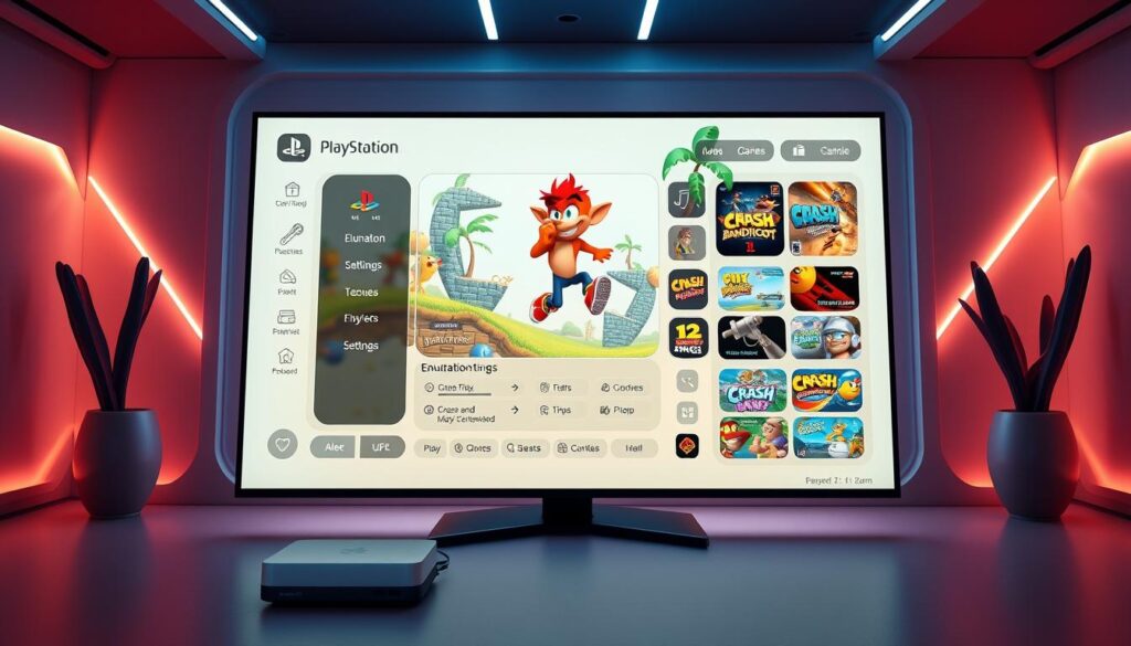 A sleek, modern-looking PlayStation 1 emulator with a clean, minimalist user interface. The emulator is displayed on a high-resolution display, showcasing the crisp and vibrant graphics of classic PS1 games like Crash Bandicoot. The emulator features a variety of emulation settings and options, allowing users to customize their gaming experience. The interface is intuitive and easy to navigate, with clear icons and menus. The emulator is surrounded by a minimalist, futuristic-inspired environment, with soft lighting and a serene, calming atmosphere. The overall presentation conveys a sense of nostalgia and a modern, all-in-one gaming solution.