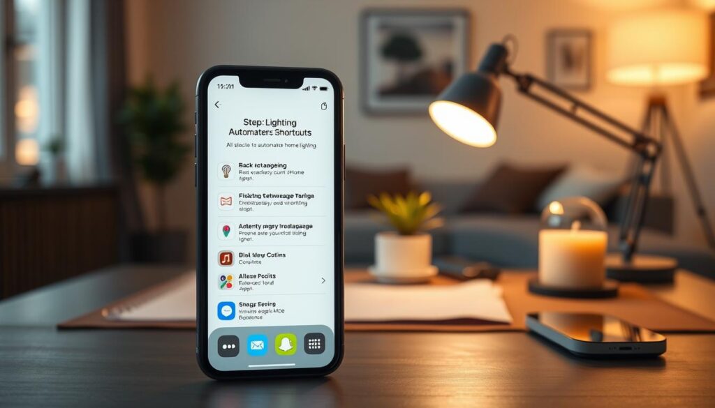 A visually engaging depiction of an iPhone screen displaying step-by-step shortcuts for automating home lighting, set against a sleek, modern home office backdrop. The foreground features the iPhone with vibrant app icons clearly visible, cast in a soft glow from the screen. In the middle, a stylish workspace is arranged with a desk tidy, a small potted plant, and a minimalist lamp, subtly illuminating the scene. The background shows a softly blurred view of a cozy living space with warm lighting, enhancing the atmosphere of comfort and technology. The overall mood is inviting and professional, with a focus on innovation and efficiency. The image is distinctly free from any text, logos, or watermarks, creating a clean and polished visual.