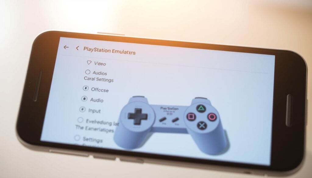 A well-lit, detailed illustration of a mobile phone screen displaying the settings menu of a PlayStation 1 emulator. The foreground shows the emulator's configuration options, including video, audio, and input settings, presented in a clean and intuitive interface. The middle ground depicts a retro-styled game controller, hinting at the seamless gameplay experience. The background blurs softly, highlighting the focus on the optimized emulator settings for a smooth gaming session on a low-end smartphone.