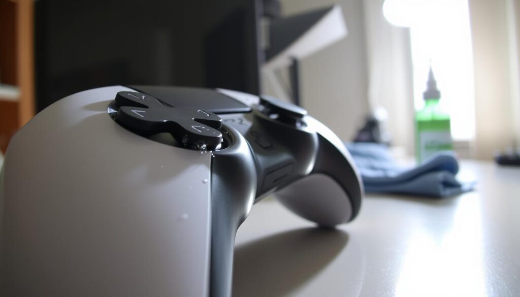 A close-up view of a PS5 controller with the focus on its analog stick, showcasing the cleaning process around the base. The foreground features the controller with visible debris and dust particles being wiped away, highlighting a clean, shiny surface. In the middle ground, subtle reflections of light suggest a clean workspace, with soft, diffused lighting illuminating the scene to evoke a sense of professionalism. The background is slightly blurred, depicting a tidy desk with a small bottle of cleaning solution and microfiber cloth, suggesting an organized atmosphere. The overall mood is calm and focused, emphasizing the meticulous care involved in maintaining gaming equipment.
