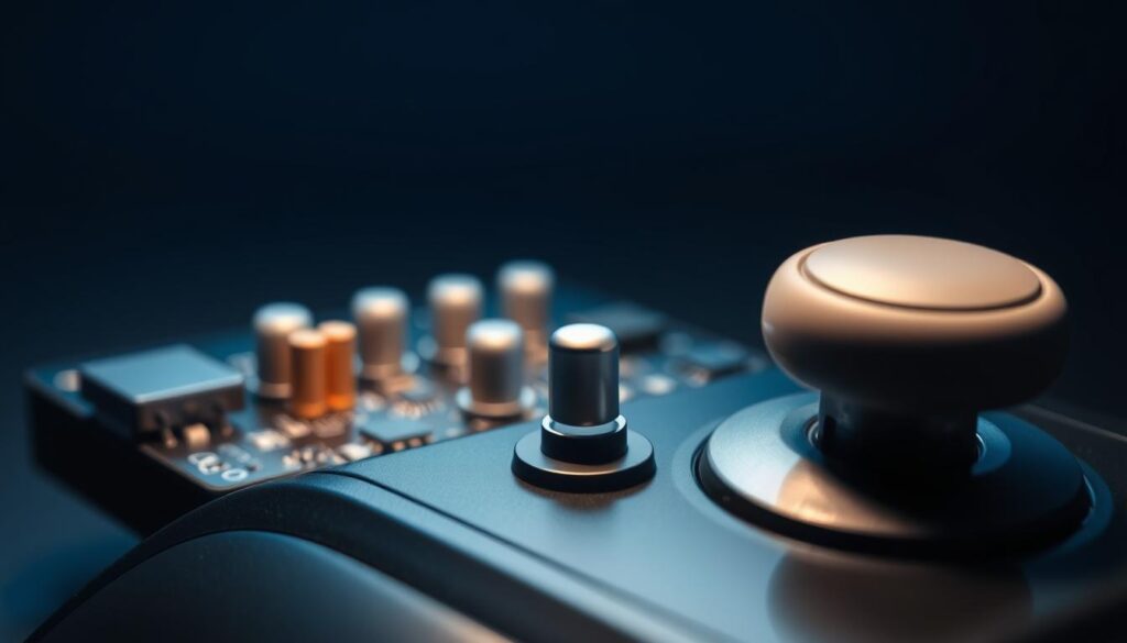 A close-up view of a high-tech joystick with hall effect sensors, showcasing the intricate internal mechanisms and circuitry. The foreground features a detailed joystick, with its smooth, ergonomic shape highlighted by soft, focused lighting that casts gentle shadows. In the middle ground, various electronic components such as capacitors and circuit boards are slightly blurred to emphasize the joystick, symbolizing advanced technology. The background is a soft gradient of dark blue to black, giving an innovative and professional feel to the image. The overall atmosphere is one of modern technology and sophistication, representing a solution to gaming controller drift issues, conveying a sense of reliability and cutting-edge design in image.