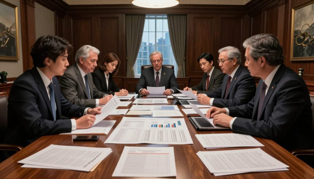 A detailed and organized illustration depicting a secret budget allocation at a government level, reflecting a sense of intrigue and gravity. In the foreground, a wooden conference table cluttered with official documents, spreadsheets, and financial reports showing numbers and graphs, emphasizing the hidden financial maneuvers. In the middle, a diverse group of professional adults in business attire, engaged in a serious discussion, examining these documents with focused expressions. The background features a grand government office with dim lighting, rich mahogany cabinetry, and large ornate windows revealing a skyline view. The atmosphere conveys tension and secrecy, illuminated by soft overhead lighting that creates dramatic shadows, emphasizing the significance of the allocations discussed.