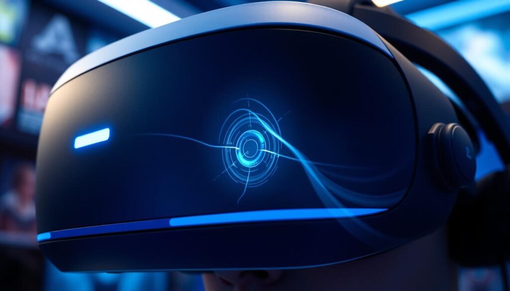 A detailed close-up of the PSVR2 headset showcasing its eye tracking technology. The foreground features the sleek design of the headset with visible sensors near the eye area, reflecting soft blue and white lighting for a futuristic feel. In the middle ground, illustrate an abstract representation of eye movement tracking, possibly with flowing lines or light trails indicating movement direction. The background should be a blurred gaming environment, hinting at an immersive virtual reality scene but not too distracting. The overall atmosphere should feel high-tech and engaging, emphasizing the innovative look and feel of the PSVR2’s eye tracking capabilities.