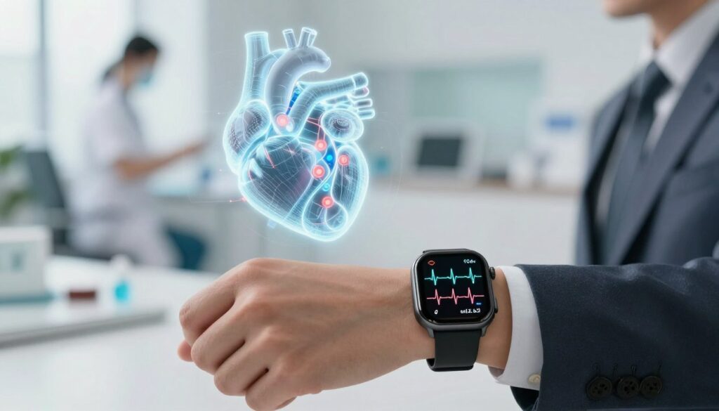 A detailed illustration of a smartwatch displaying EKG readings, showing waveforms and heart rate data on its sleek interface. In the foreground, the smartwatch is positioned on a user's wrist, clad in professional business attire. The middle section features a high-tech, wireframe-like graphic highlighting the inner workings of heart monitoring technology, including sensors and data transmission pathways. The background showcases a softly blurred, modern healthcare environment, enhancing the focus on the smartwatch while suggesting a connection to health professionals. Utilize soft, natural lighting to create a calm and informative atmosphere. The overall mood should be enlightening and reassuring, emphasizing the innovative features of EKG technology in heart health monitoring.