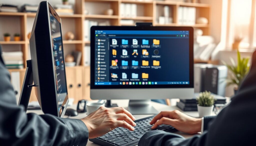A dynamic office environment featuring a computer screen displaying a file management software interface with various icons like folders and documents. In the foreground, a professional person dressed in business attire is interacting with the computer, showcasing their fingers poised over the keyboard, suggesting the use of shortcut keys. In the middle ground, a clutter-free desk with office supplies, a cup of coffee, and a plant adds to the workspace ambiance. The background includes shelves filled with books and binders, softly blurred to maintain focus on the person and the screen. The lighting is bright and warm, creating an inviting atmosphere, captured from a slightly elevated angle to emphasize the interaction with technology.