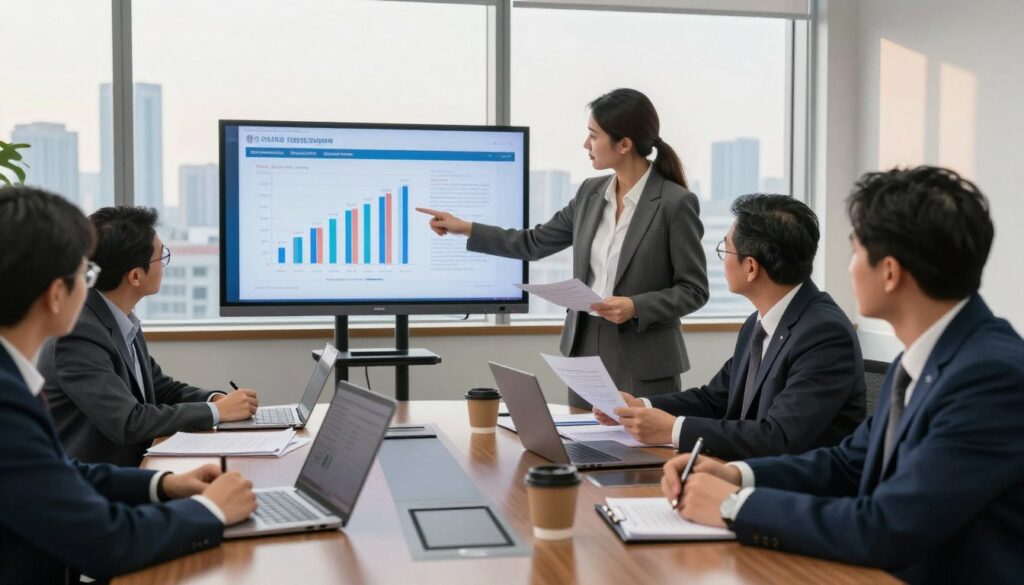 A professional meeting room filled with diverse government officials reviewing budget documents and graphs on a large screen. In the foreground, a woman in a tailored business suit is pointing at a digital chart illustrating budget transparency, while a man in a smart casual outfit takes notes diligently. The middle of the scene includes a round table cluttered with laptops, reports, and coffee cups, reflecting an engaged and analytical atmosphere. In the background, large windows reveal a city skyline bathed in soft morning light, casting a warm glow on the scene. The overall mood is serious yet collaborative, emphasizing the importance of transparency in budgeting practices within state institutions. The composition should be well-lit, with a focus on clear details and a professional environment.