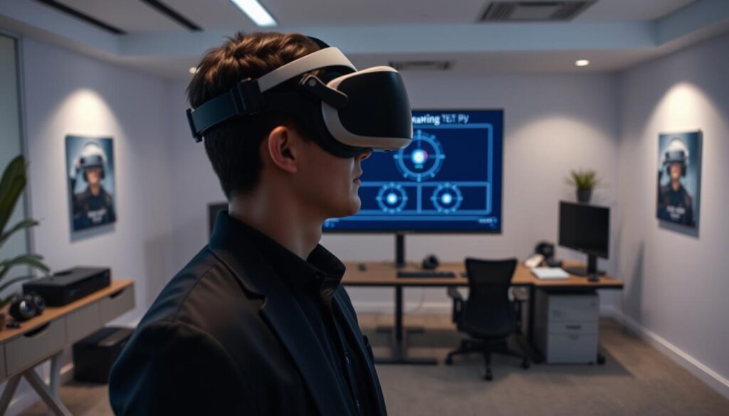 A professional setting depicting the eye tracking calibration process for PSVR2. In the foreground, a person in smart casual attire is positioned in front of a high-tech VR headset, calibrating the eye tracking system with a focused expression. The screen in front displays eye tracking visualizations, showcasing the calibration interface. In the middle ground, soft lighting illuminates the space, highlighting a sleek work desk filled with VR accessories and a calibrated test area. The background features a modern office environment with subtle VR-themed posters on the walls and a smooth, minimalist aesthetic. The atmosphere conveys a sense of innovation and focus, with gentle shadows enhancing the professional ambiance. The angle is slightly elevated to capture both the subject and the calibration screen effectively.