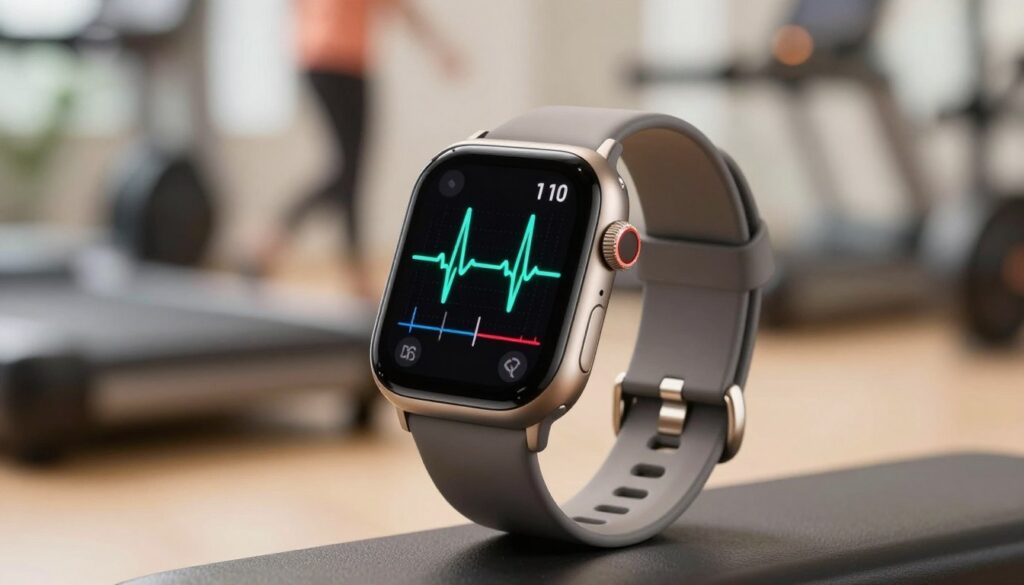 A sleek modern smartwatch with an integrated EKG monitor displayed prominently in the foreground, showcasing a vibrant heart rhythm graph on its screen. The watch has a smooth, metallic finish and a sporty design, emphasizing its functionality for heart monitoring. Behind it, a blurred background of a high-tech fitness environment, with subtle hints of gym equipment, creating an atmosphere of health and vitality. Soft, natural lighting illuminates the scene, highlighting the watch's details and creating a warm, inviting feel. The angle should be slightly above eye level, capturing the watch at a dynamic perspective. Overall, the image conveys innovation and health consciousness, perfectly illustrating the benefits of smartwatch technology for cardiac monitoring.