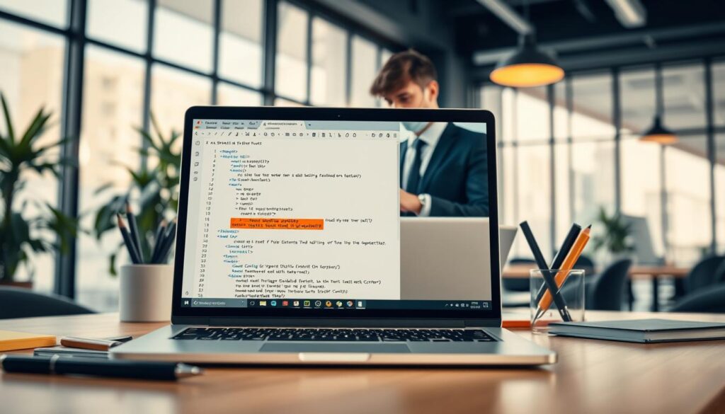 A visually striking workspace scene portraying the concept of "shortcut editing teks". In the foreground, a sleek laptop screen displays an open text editor with highlighted keyboard shortcuts, surrounded by neatly organized stationery such as pens and sticky notes. The middle layer features a focused professional in business attire, attentively adjusting their laptop, conveying concentration and productivity. In the background, a softly blurred modern office environment with large windows that allow natural light to filter in, casting gentle shadows. A warm and inviting atmosphere, emphasizing efficiency and creativity in editing tasks. The lens should capture the scene from a slight angle, adding depth and a sense of engagement with the editing process.