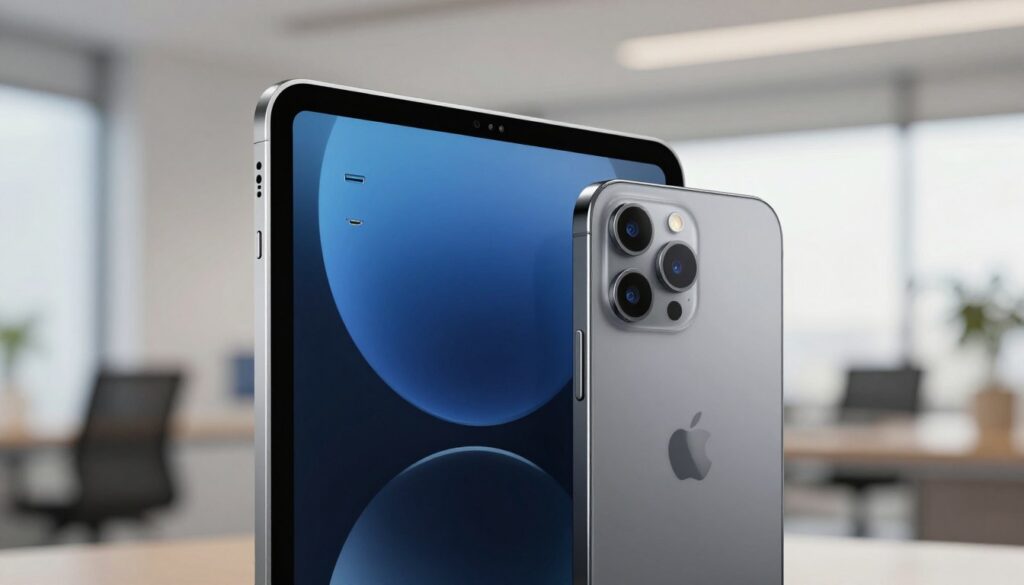 A close-up composition featuring a sleek tablet and smartphone side by side, showcasing their connectivity ports and additional features. The tablet displays USB-C, HDMI, and SIM card slots, while the smartphone highlights a fingerprint scanner and volume controls. The devices are set against a blurred background of a modern office environment, symbolizing the tech-savvy lifestyle of budget-conscious consumers. Soft, natural lighting filters in from the side, creating subtle reflections on the screens. The angle captures both devices at eye level, emphasizing their design and functionality. The mood is professional yet inviting, showcasing technology's role in everyday connectivity.