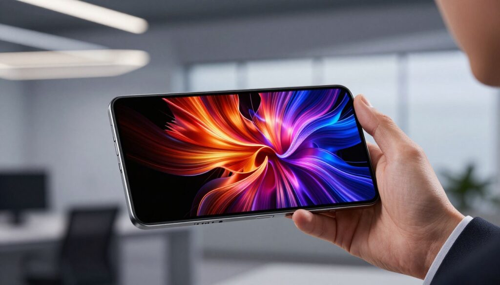 A high-tech mobile device featuring a stunning LTPO AMOLED display with vibrant, rich colors and deep blacks, showcasing a high refresh rate. In the foreground, display sharp contrast and clarity on the screen, demonstrating intricate visuals and dynamic animations. The middle ground features an elegant hand holding the device, dressed in professional attire, expertly capturing the essence of modern technology. The background is softly blurred, with ambient lighting that highlights the screen's brilliance while maintaining a sleek, contemporary office environment. The mood is futuristic and sophisticated, conveying innovation and efficiency in visual technology. Use soft yet focused lighting to emphasize the display's qualities, with a slightly angled perspective that enhances the sleek design of the device.